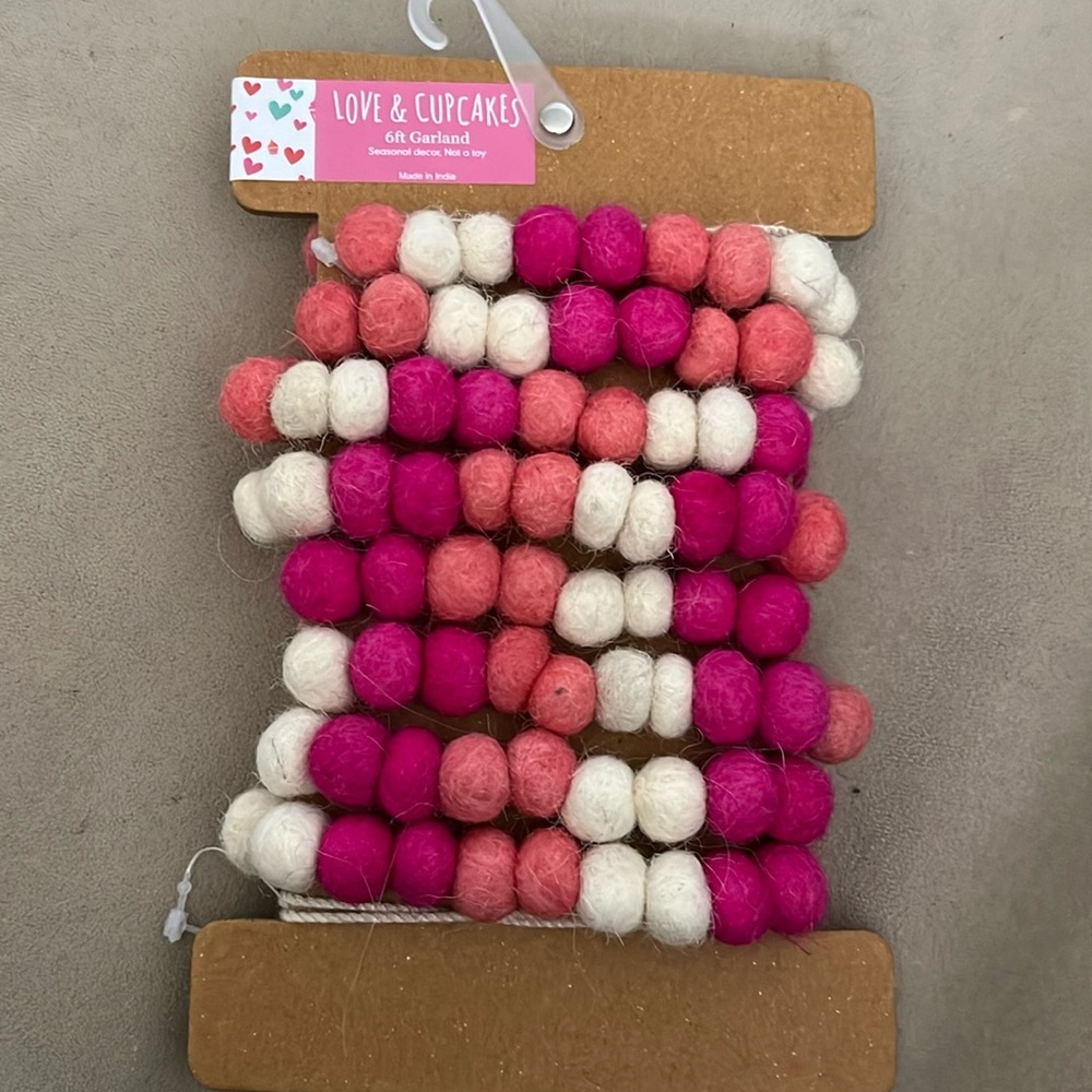 #Pinkmas 💕 Love & Cupcakes Wool Garland 6 ft Pink Blush Ivory Pom
New!